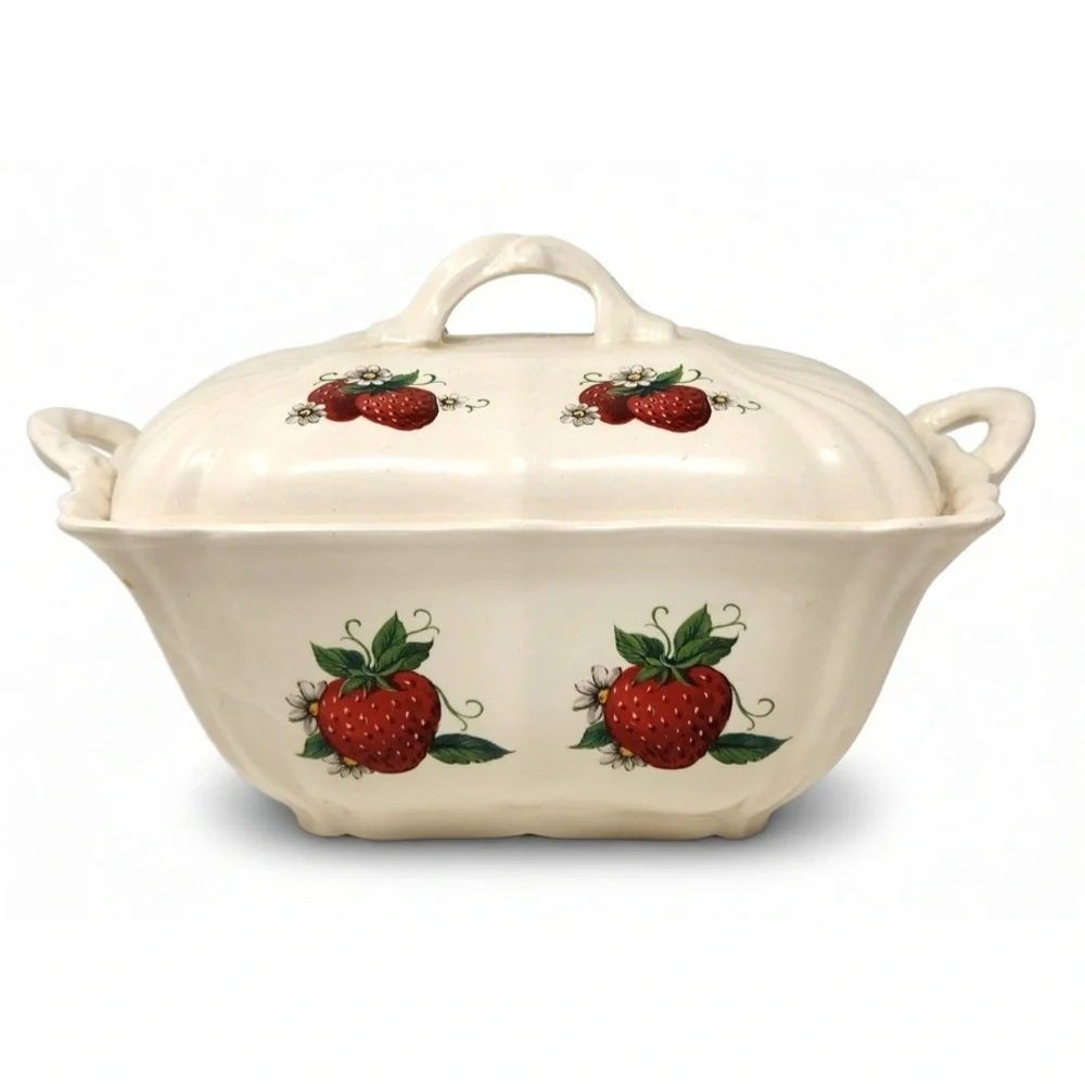 Vintage Ceramic Strawberry Covered Tureen Soup Bowl 11.5